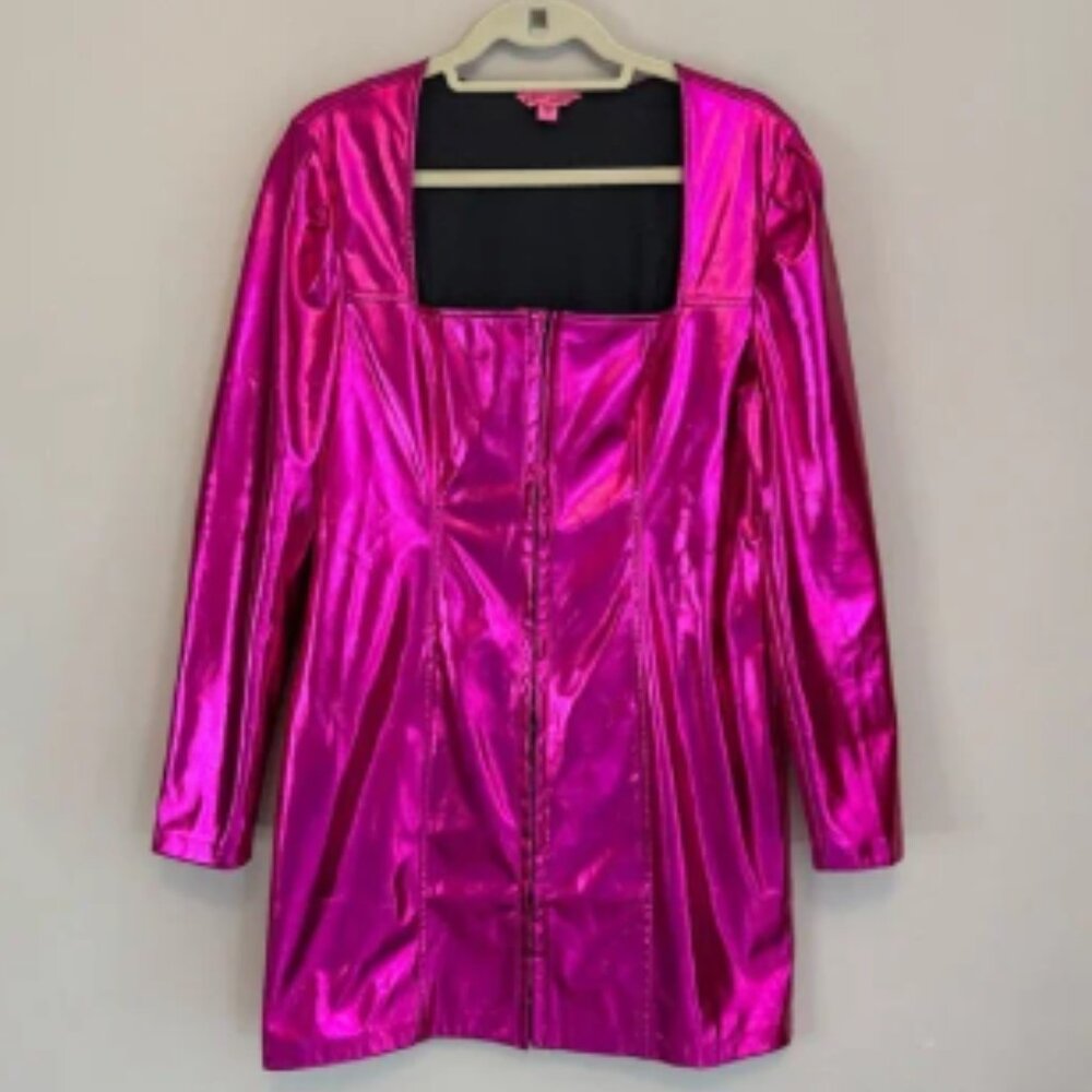 Betsey Johnson XL Pink Metallic Faux Leather Long Sleeve Mini Dress
